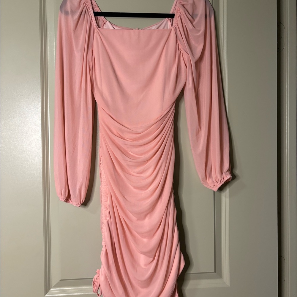 Blush pink dress with sheer long sleeves and ruching